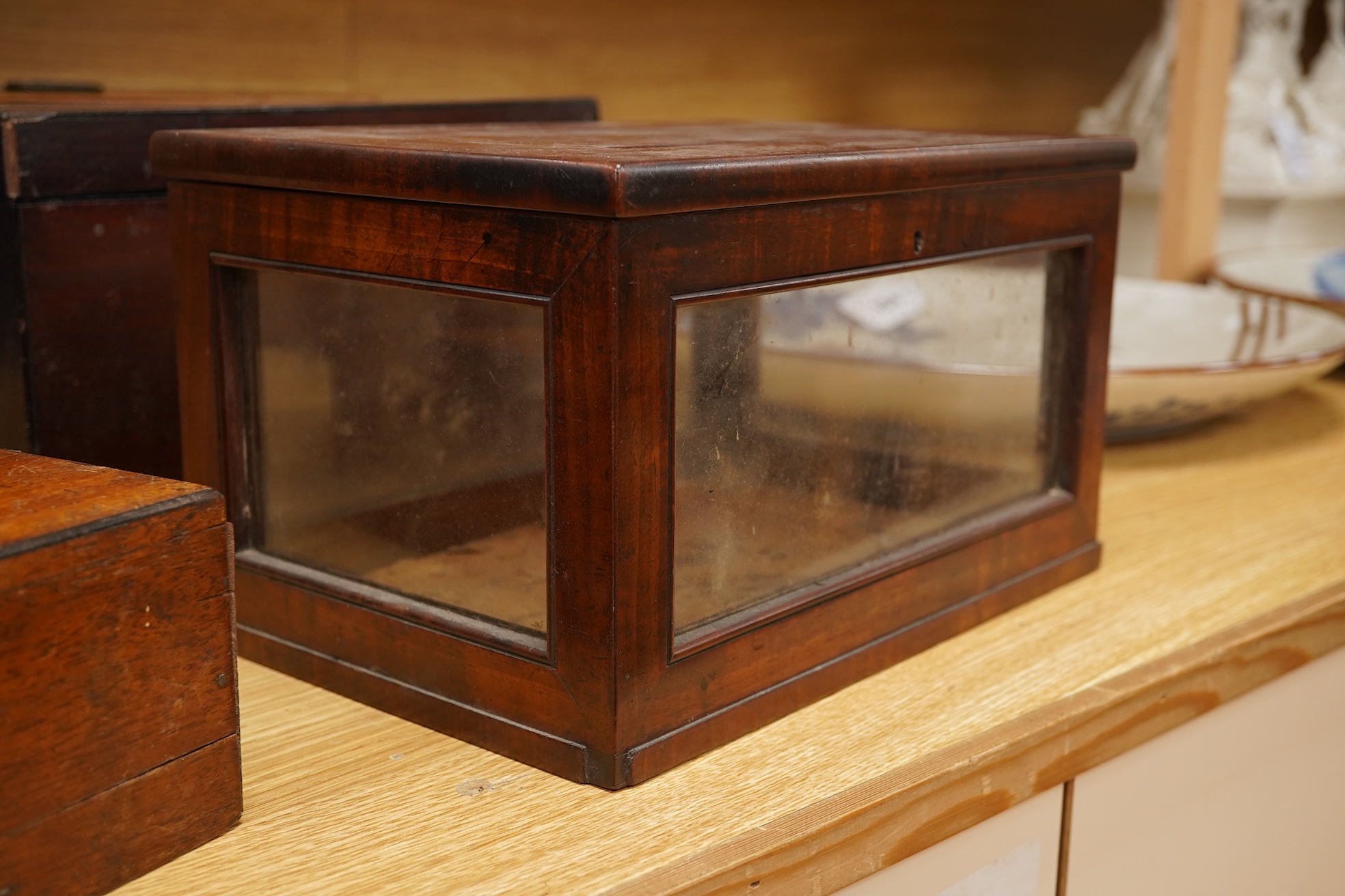 A group of five 19th-century boxes to include two artists paint boxes and a post box, largest 30cm wide